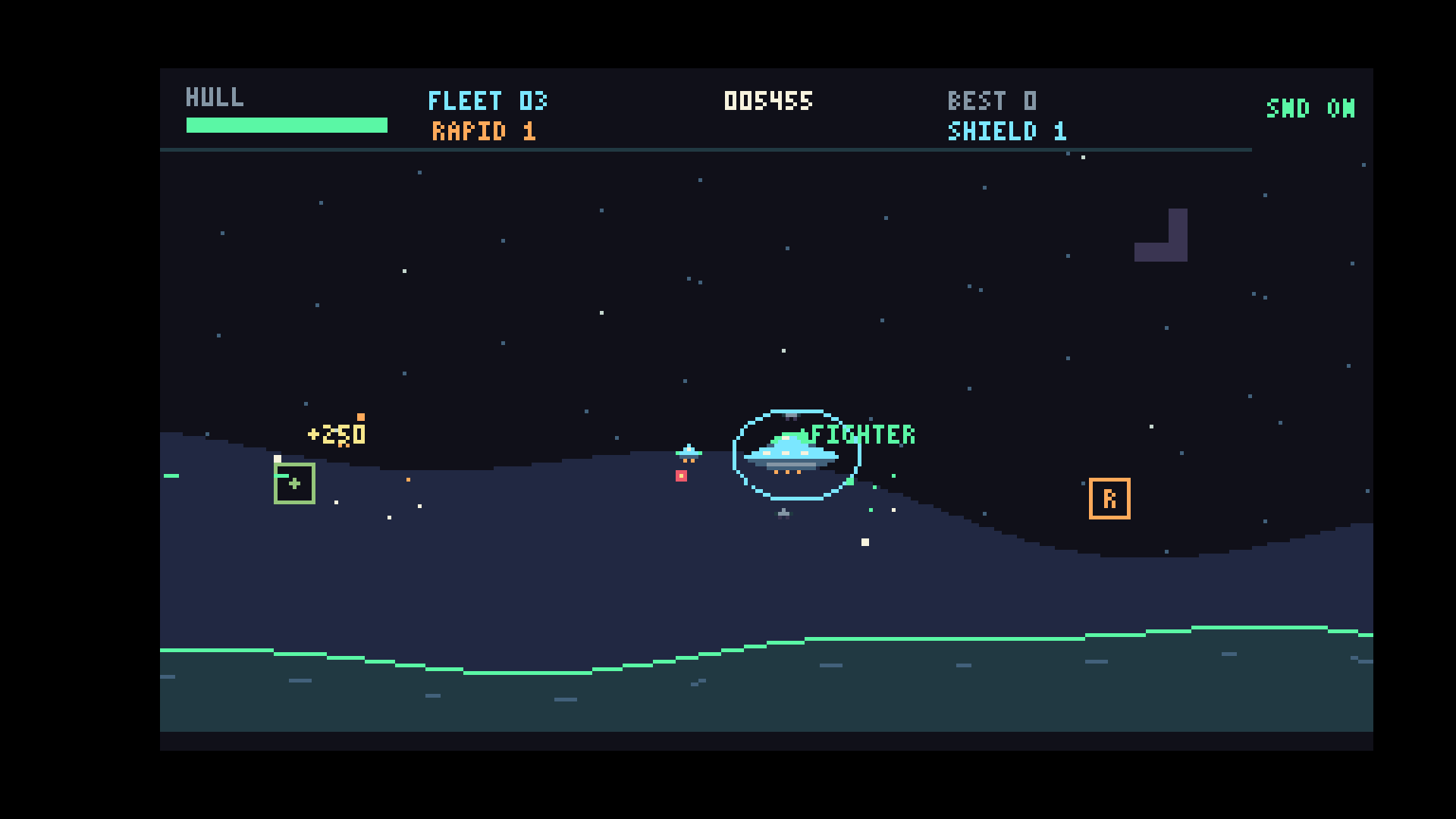 Shielded mothership collecting a fighter while power-ups float nearby