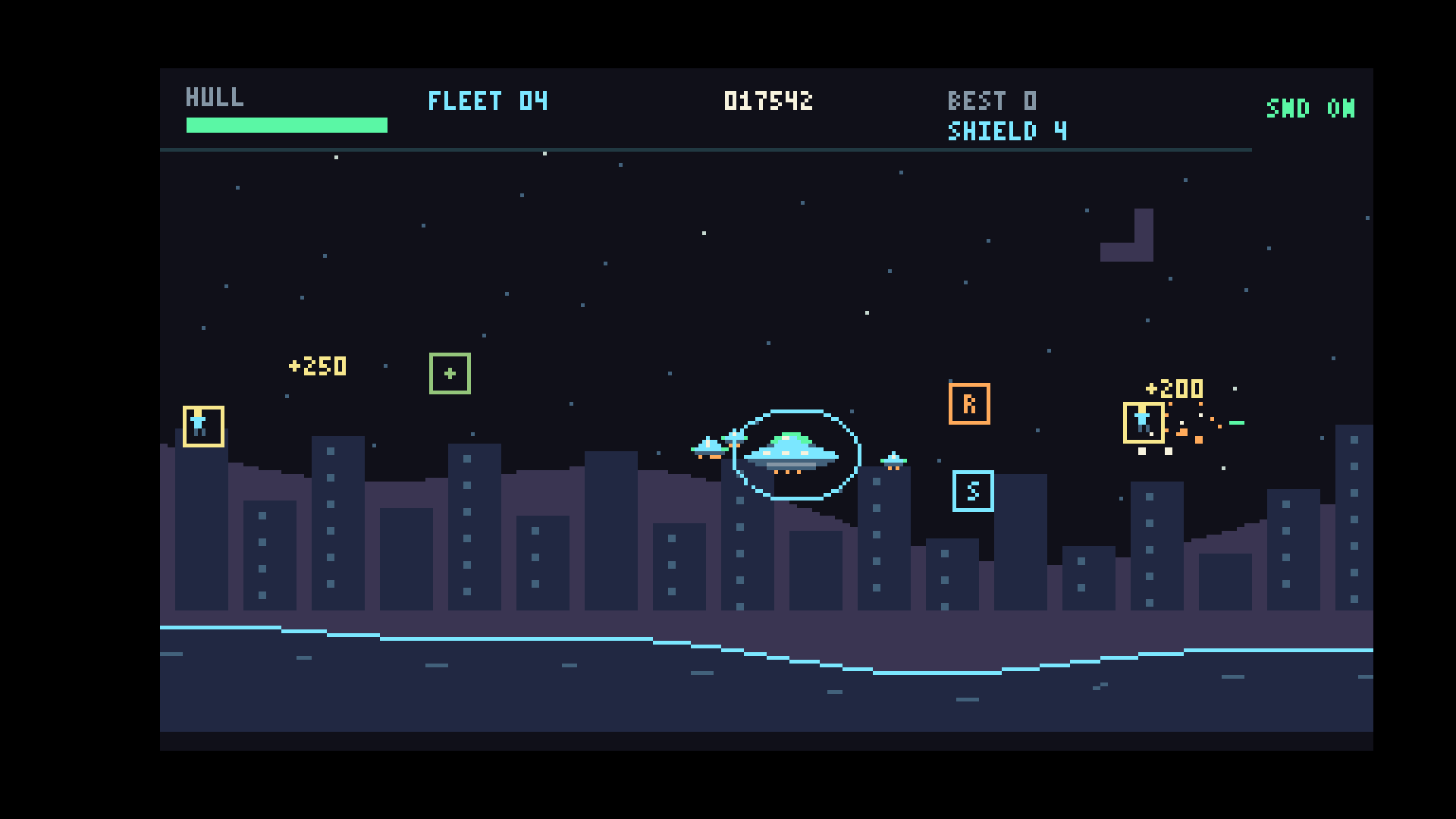 Alien mothership above the city with fighters and bonus pickups